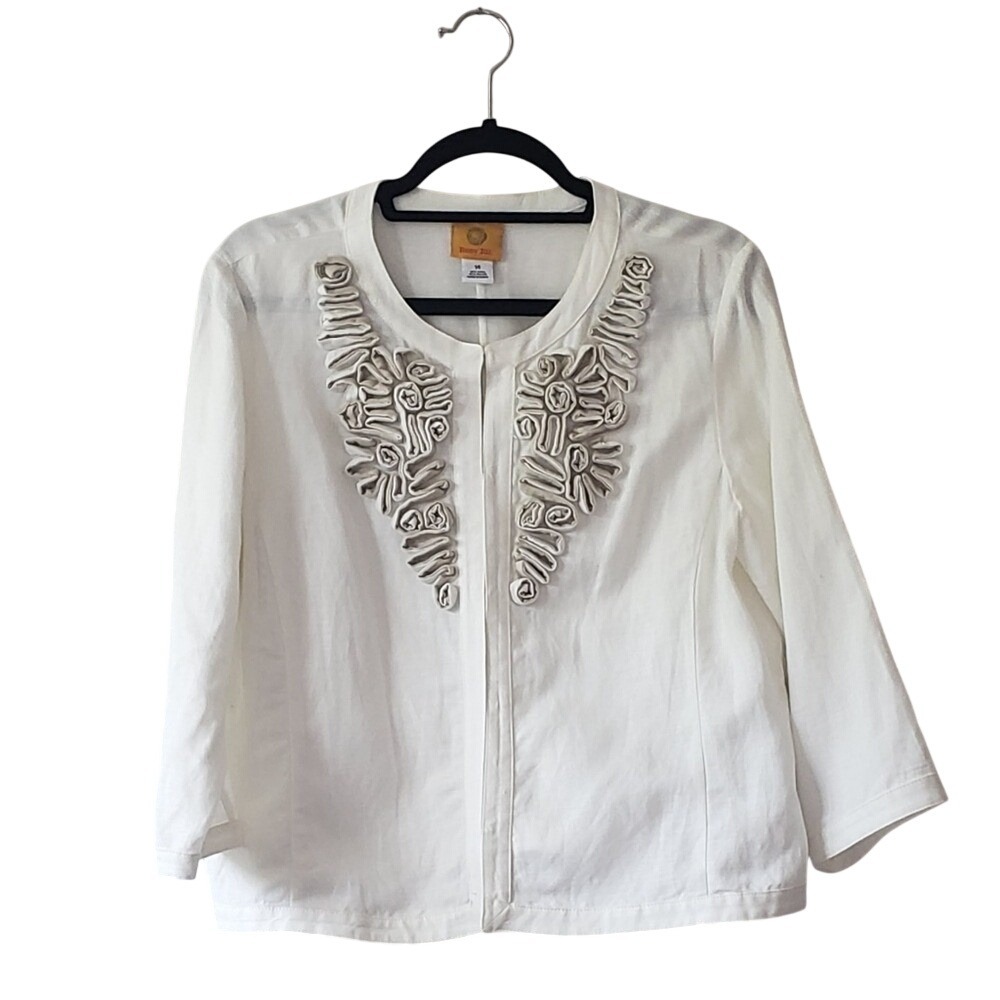 Ruby Rd White Linen Blend Soutache Embroidered Hook Eye Jacket Womens 14